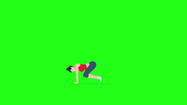 Animated woman performing burpee workout on green screen background