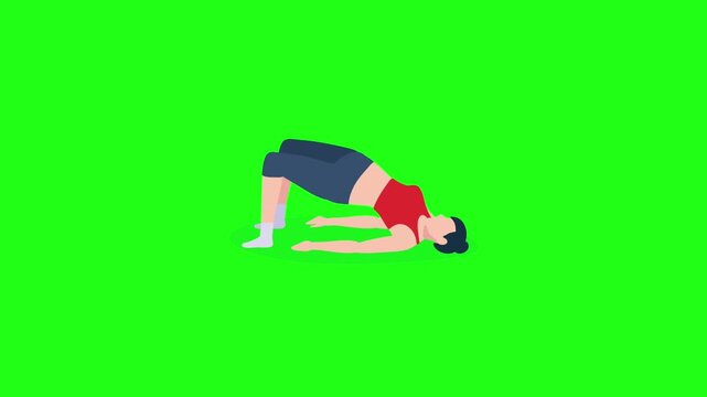  Animated woman performing glute bridge exercise on green screen background