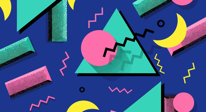 90s retro geometric background with pink teal and yellow shapes