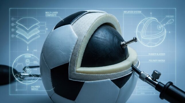 Detailed technical cross-section of a soccer ball showing internal layers including rubber bladder, polymer matrix, multi-layer composite, and inflation system with technical diagrams.