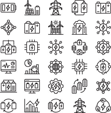 Long-Duration Energy Storage (LDES) Line Icons Set &ndash; 30 Minimal Black Outline Vector Icons for Grid Stability, Renewable Energy Storage & Clean Energy Infrastructure
