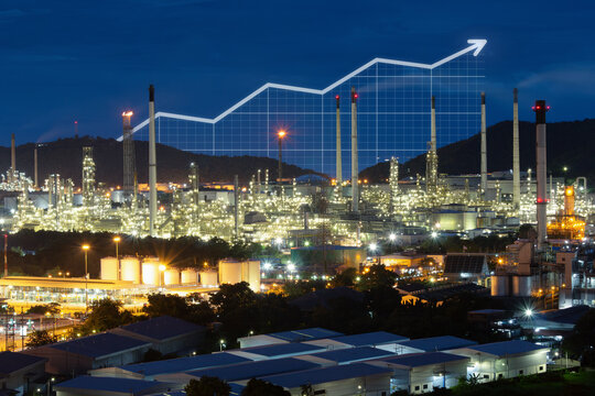 Industrial complex in Bang Lamung, Chonburi Province, Thailand in aerial view, illuminated refinery industrial infrastructure, overlaid with rising financial graph symbolizing industrial growth.