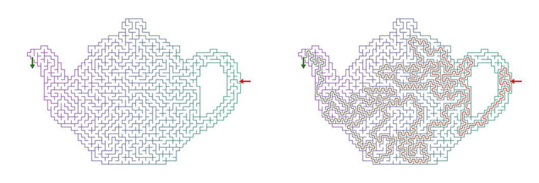 Teapot maze design with intricate paths in black and white outline  