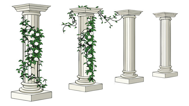 Vector illustration of classical architectural stone columns decorated with climbing green ivy vines, climbing