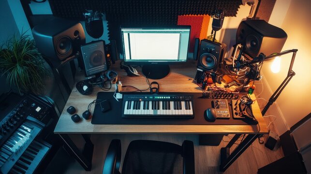 Home recording studio setup with keyboard and microphone