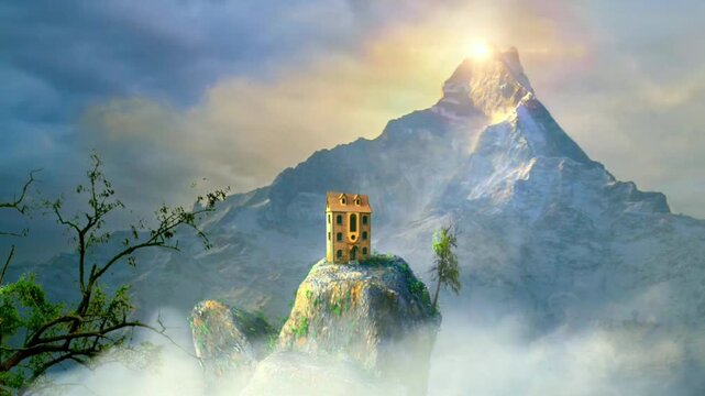 Surreal Landscape Animation - Small House on a High Rocky Peak with Misty Clouds and Sun Rays at Sunrise