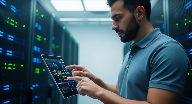 It technician monitoring network data with a tablet in a server room