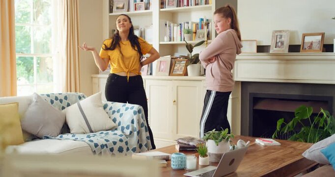 Singing, sisters and happy with dancing in home for weekend bonding, fun performance or energy. Family, girls and karaoke with movement in house for feel good playlist, groove song and entertainment
