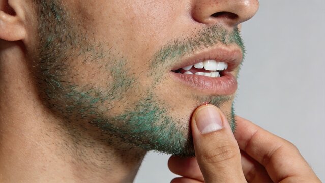 Close up of man face touching chin after shaving, showing razor burn or skin irritation. Grooming, skincare, beard care, hygiene concept. Male beauty routine, facial hair removal,