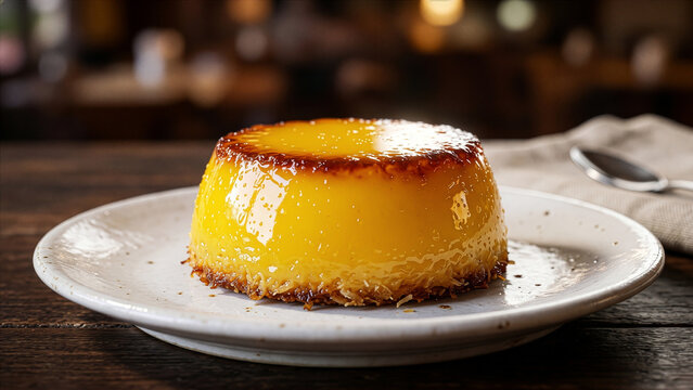 Classic Caramel Flan with Glossy Caramel Glaze and Toasted Coconut Base on White Ceramic Plate &mdash; Latin Dessert on Dark Rustic Wood Table