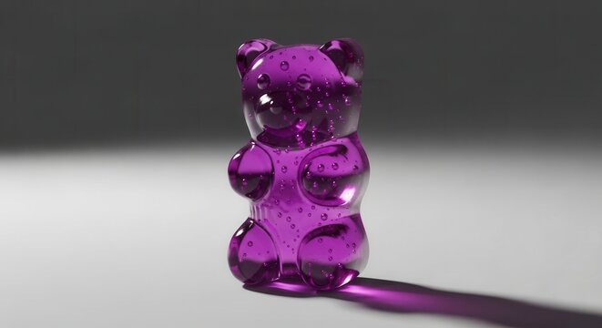 A single translucent purple gummy bear casting a long shadow on a reflective surface.