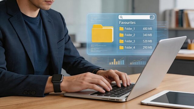Professional man working on laptop with futuristic holographic file folder interface, cloud storage data management concept, virtual reality screen displaying folders and charts