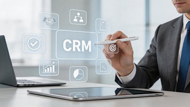 Business professional interacting with CRM customer relationship management software interface, digital marketing tools icons floating around tablet, strategic planning for sales