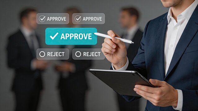Businessman using tablet to select approve or reject option on virtual interface screen, decision making process, management authorization, digital workflow approval system in