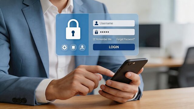 Man using smartphone with floating secure login interface, digital security and authentication concept for mobile banking or online account access with password protection and