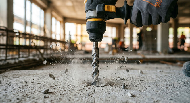 Close-up of a hammer drill breaking concrete floor with flying dust at a construction site