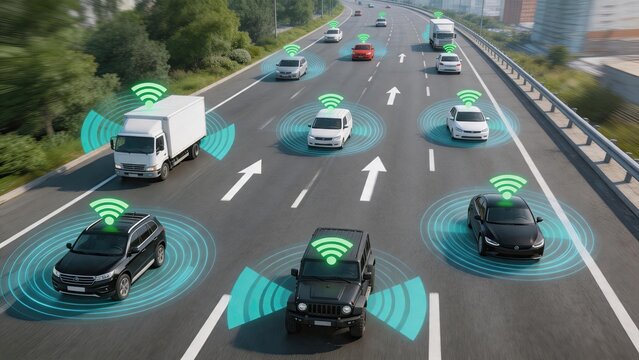 Futuristic autonomous vehicles driving on smart highway with connected car technology, self-driving cars communicating via wireless networks for safe traffic flow and intelligent