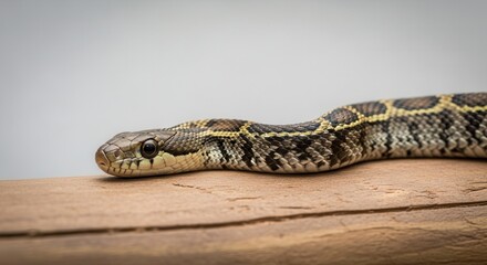 Obraz premium A close up view of a patterned corn snake resting on a wooden log.