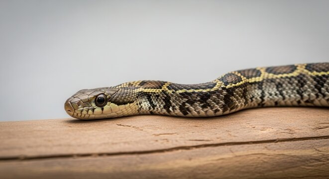 A close up view of a patterned corn snake resting on a wooden log.