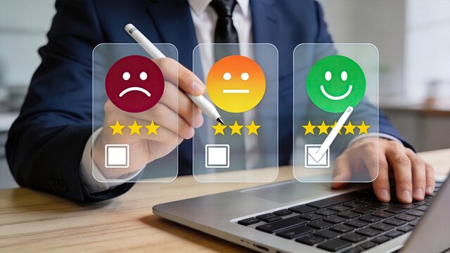 Customer satisfaction survey with happy neutral sad face emojis and star ratings on transparent interface, hand selecting checkbox for positive feedback and service quality