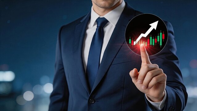 Businessman in suit touching virtual candlestick chart with rising arrow indicating stock market growth and financial profit, dark blue background with city lights bokeh,