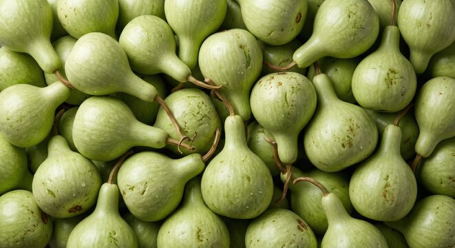 Fresh light green calabash gourds arranged in a dense pattern featuring smooth organic shapes and natural textures for healthy farm market culinary concepts