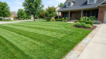 Obraz premium Recently mowed green lawn with uniform stripes in front of a brick suburban house featuring manicured landscaping, hostas, and a stone-edged driveway on a bright sunny day.