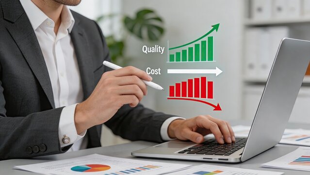 Businessman analyzing financial charts on laptop showing rising quality and decreasing cost, corporate strategy concept for success and efficiency improvement in modern office