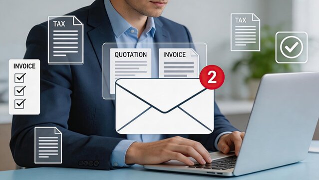 Business professional working on laptop with digital icons of invoices, tax forms, quotations, and email notifications, representing online accounting, billing services, and