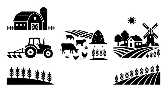 Farm and Agriculture Icons Set Silhouette Vector Illustration