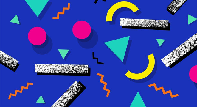 1980s retro abstract geometric background with vibrant shapes and patterns