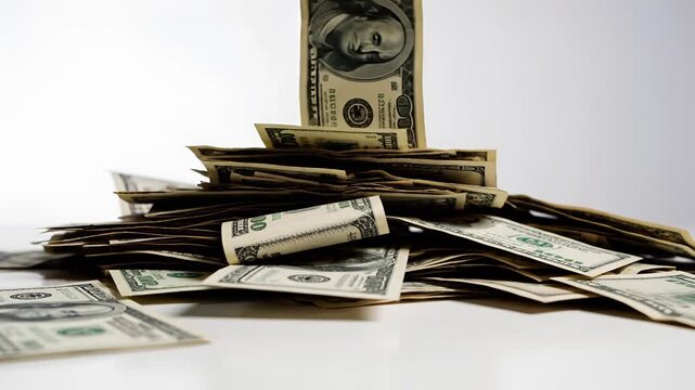 Pile of US Dollar Bills Falling and Accumulating.