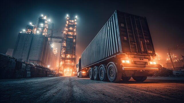 A semi-truck transports a cargo container at night near an industrial area with bright lights.