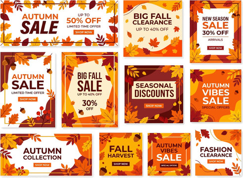 Vibrant autumn and fall themed graphic templates for seasonal sales and special discount promotions, perfect for marketing campaigns and retail advertisements
