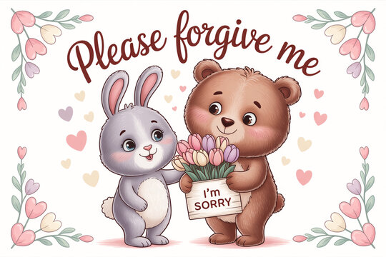 Apology greeting card with cute bear and bunny, please forgive me message with flowers, adorable cartoon animals seeking forgiveness