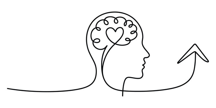 Continuous line drawing of human head with brain and heart