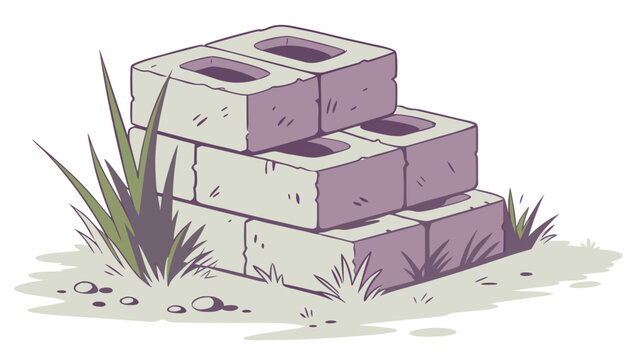 Vector illustration of stacked concrete construction blocks on a patch of grass with concrete, construction