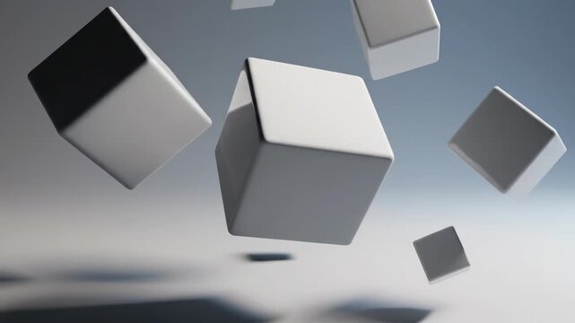Abstract 3D rendering of white geometric cubes levitating in mid-air against a neutral grey and blue gradient background with soft shadows and shallow depth of field focus.