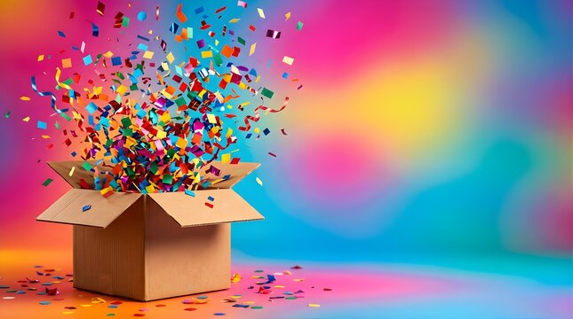 Colorful confetti exploding from a cardboard box on a vibrant background
