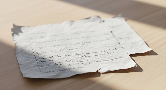 Torn paper with handwritten notes on table.