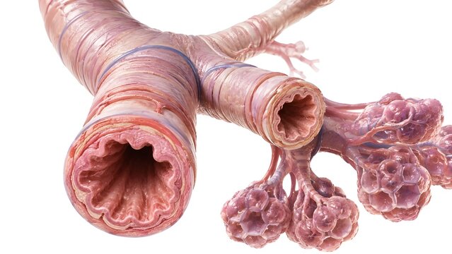 Medical illustration of human bronchi, bronchioles, and alveoli anatomy featuring detailed respiratory airway structures and pulmonary gas exchange anatomy.