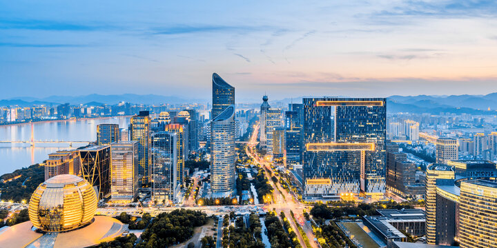 High angle night view of CBD buildings in Hangzhou, Zhejiang Province, China	