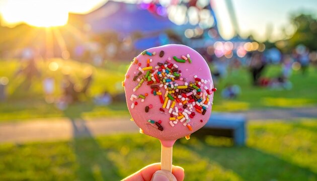 Hand holding a pink chocolate dipped cakepop with colorful sprinkles at an outdoor event