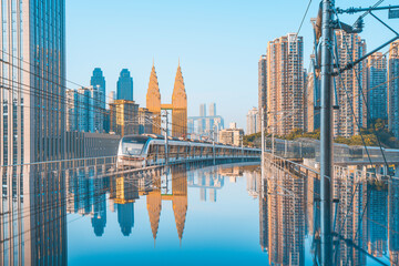 Obraz premium Light rail platform and high-rise buildings in Chongqing, China