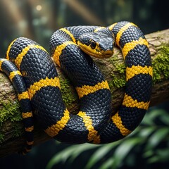 Fototapeta premium Vibrant Serpent's Watchful Gaze Amidst Verdant Shadow