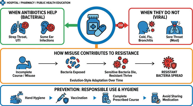 Antibiotic resistance infographic explains the difference between bacterial and viral infections while demonstrating how the misuse of medication contributes to the spread of resistant bacteria.