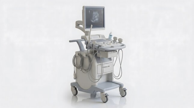 A professional medical ultrasound diagnostic machine shown featuring a display monitor, control console, and multiple transducer probes for clinical imaging