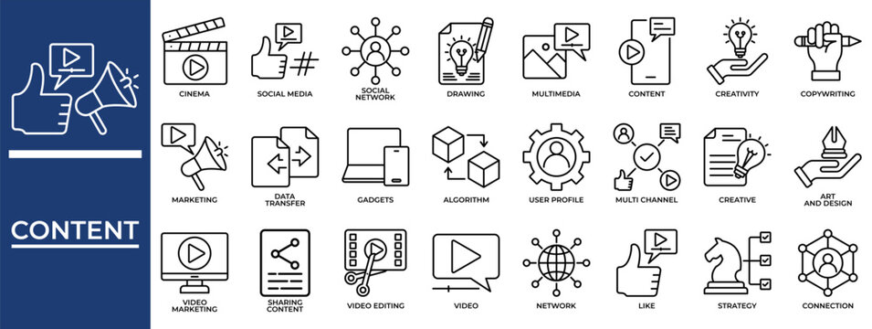 Content icon set collection. Containing society, sharing, transfer, multimedia, monitor, movie, cinema .Line vector icons collection