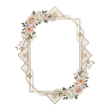 Elegant Floral Geometric Frame with Watercolor Roses and Gold Accents