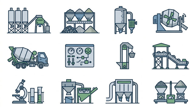 Industrial machinery and equipment icons set.